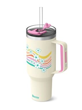 NEW 40 oz Ottle Cream Floral Retro Wavy Stripe Travel Tumbler with Pink Handle
